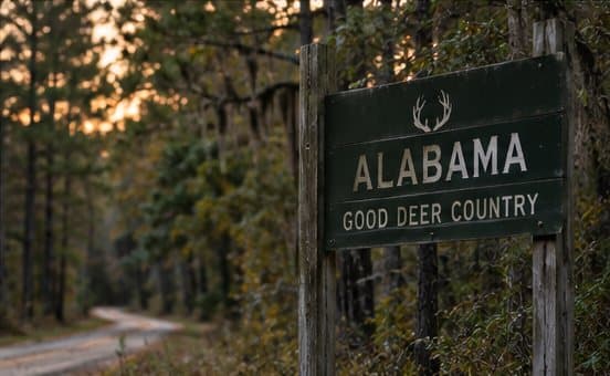A weathered sign at the edge of a pine road reading Alabama, Good Deer Country