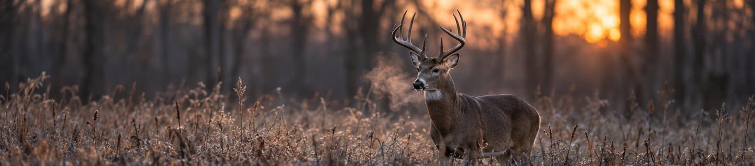 A mature whitetail buck standing in frosted cover at sunrise, breath visible in the cold air