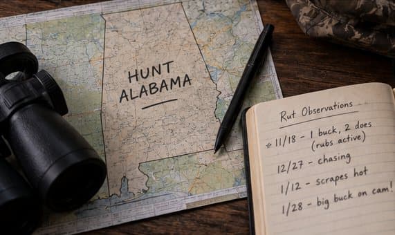 A hunting map of Alabama on a tailgate next to binoculars and a notebook of dated rut observations