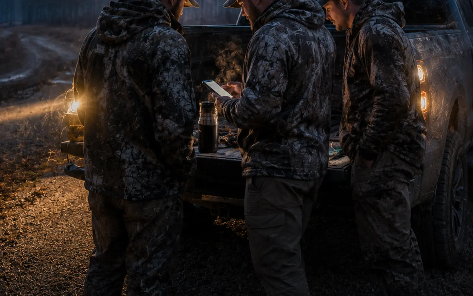 Three hunters at a truck tailgate before daylight, one checking a phone