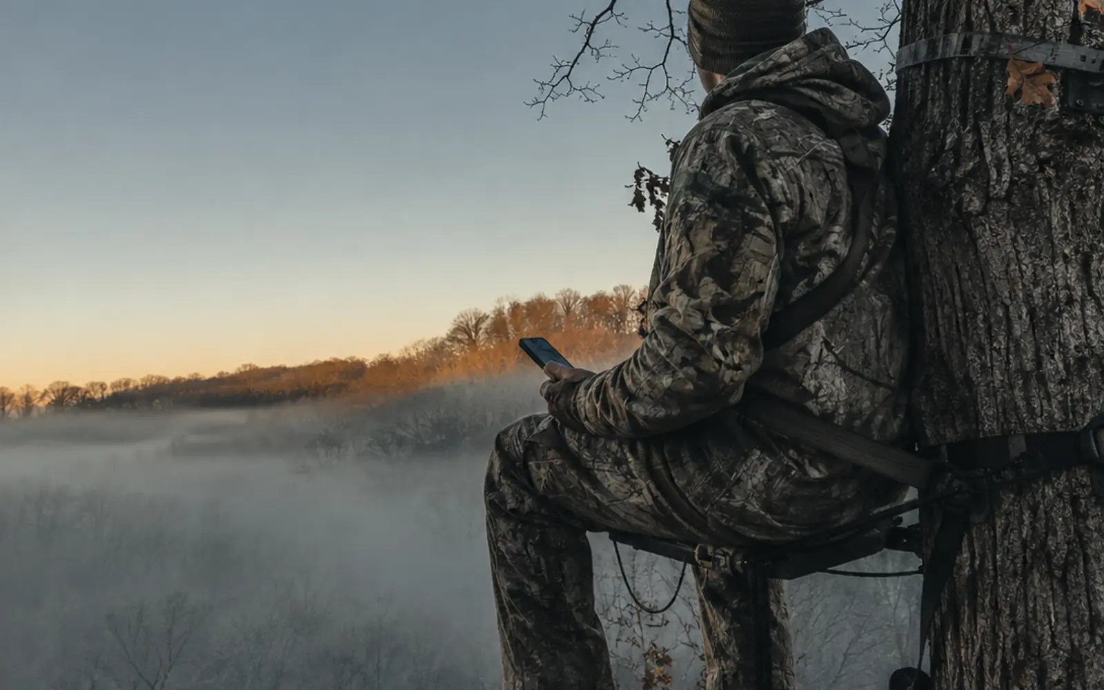 A hunter in a treestand overlooking a foggy field at first light
